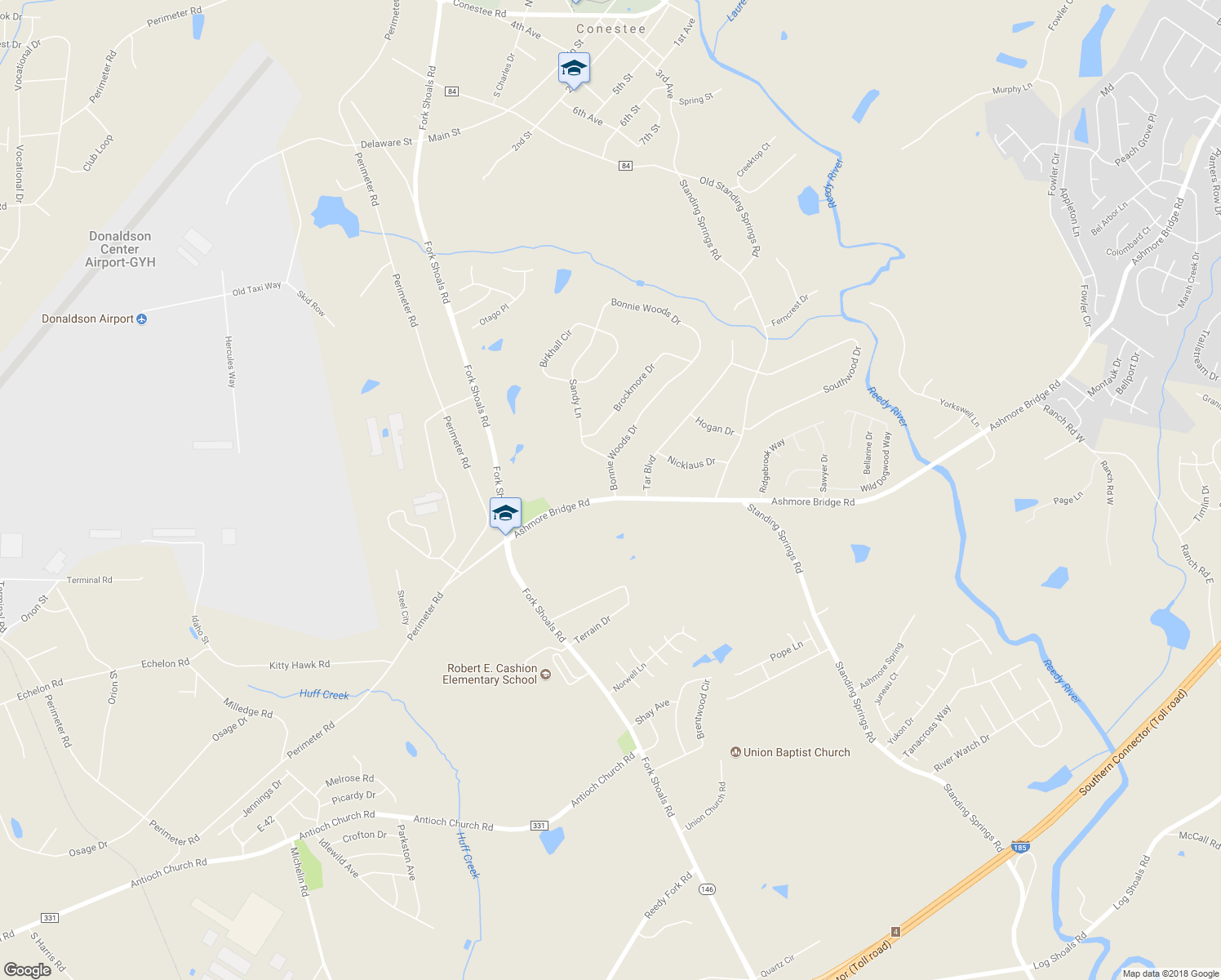 map of restaurants, bars, coffee shops, grocery stores, and more near 3 Bonnie Woods Drive in Greenville