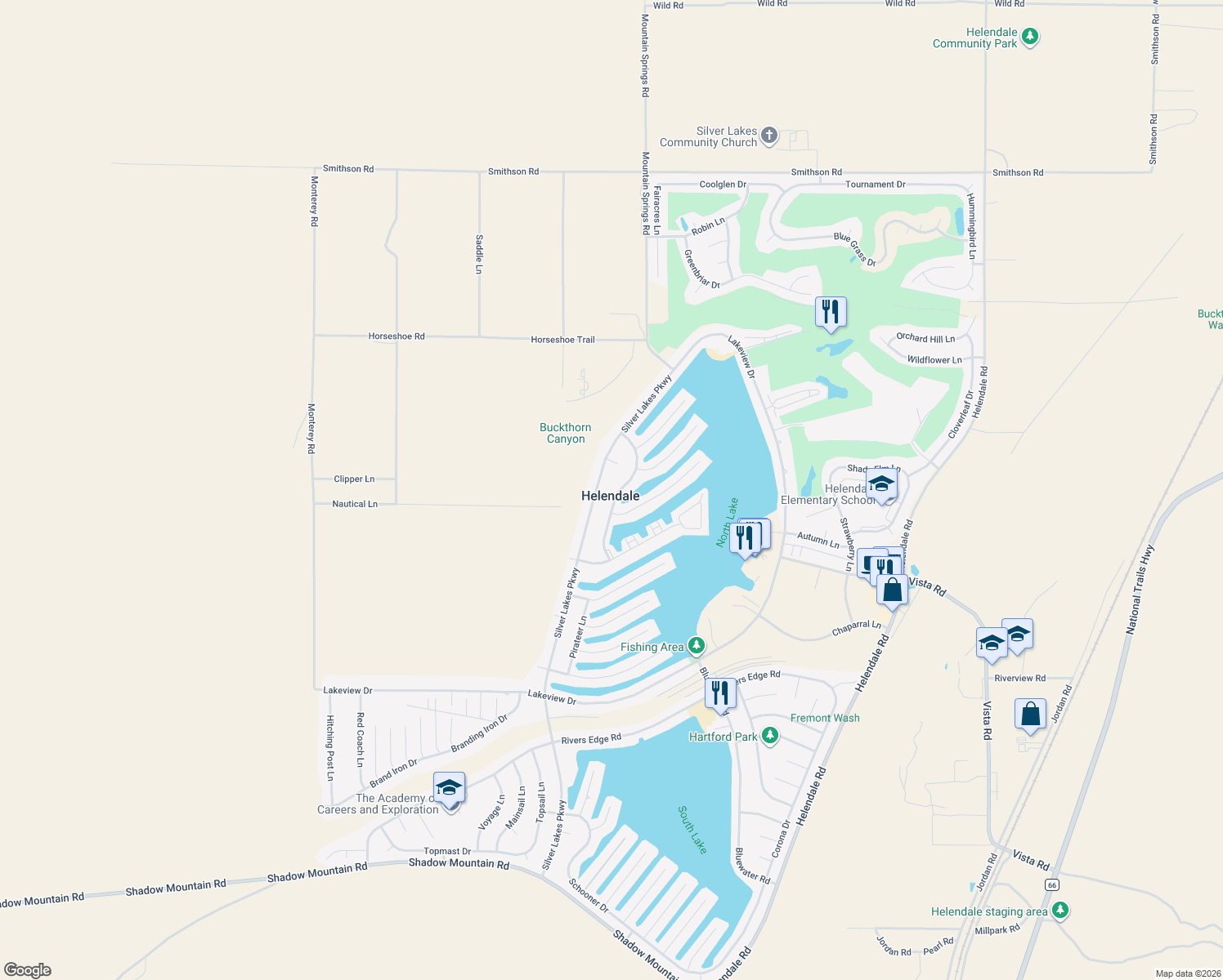 map of restaurants, bars, coffee shops, grocery stores, and more near 27332 Outrigger Lane in Helendale