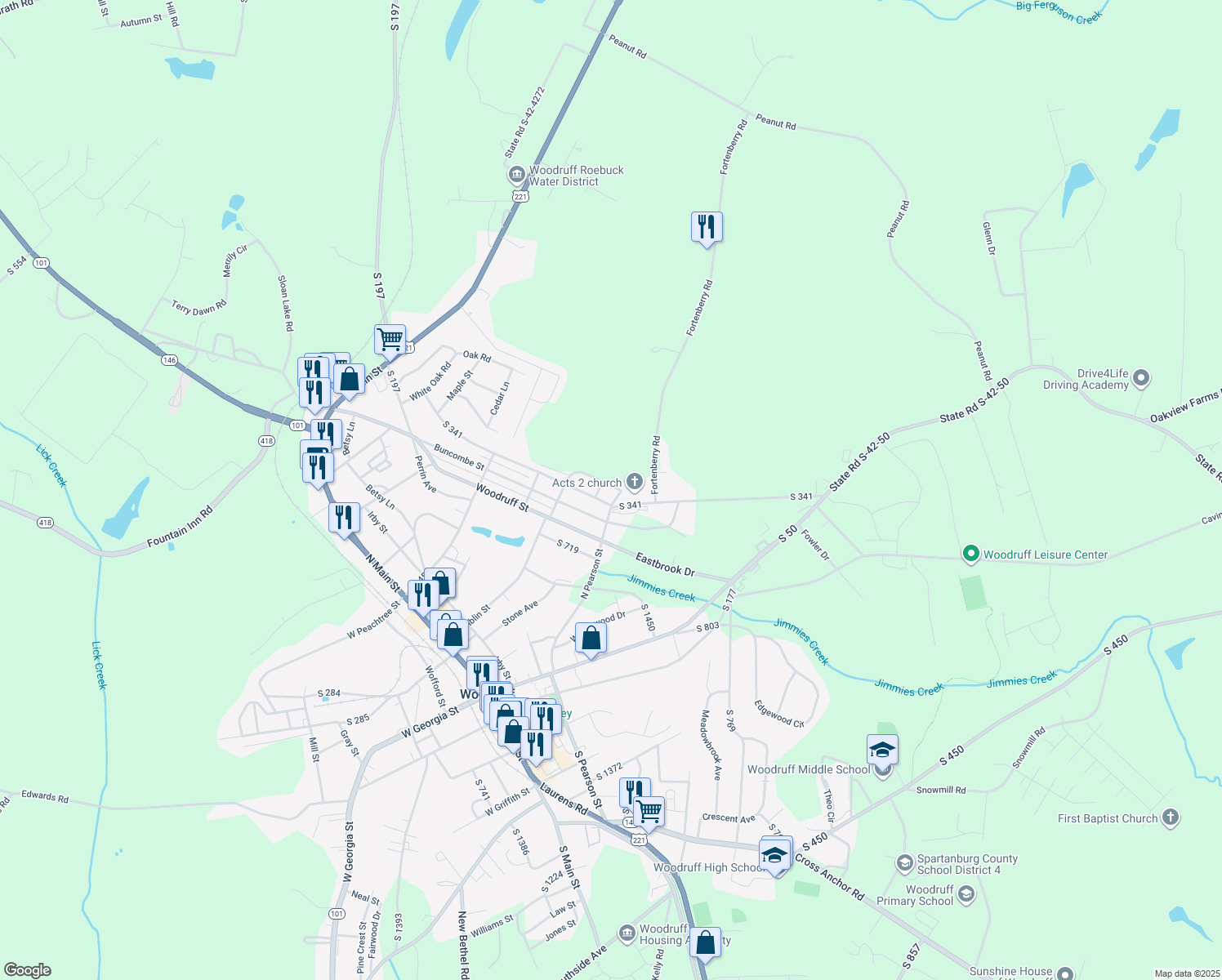 map of restaurants, bars, coffee shops, grocery stores, and more near 212 Park Street in Woodruff