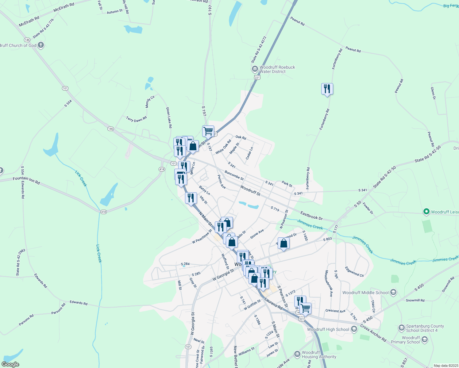 map of restaurants, bars, coffee shops, grocery stores, and more near 550 Woodruff Street in Woodruff