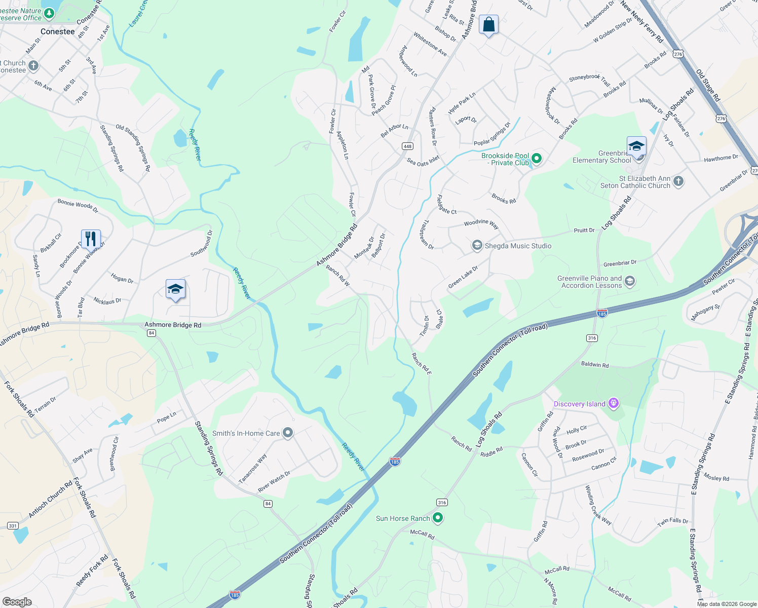 map of restaurants, bars, coffee shops, grocery stores, and more near 205 Ranch Road West in Greenville