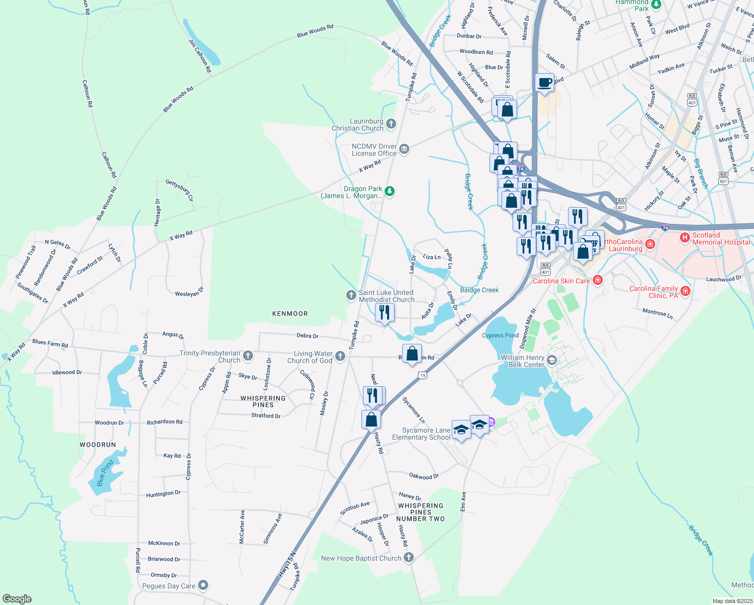map of restaurants, bars, coffee shops, grocery stores, and more near Farmfield Cir in Laurinburg