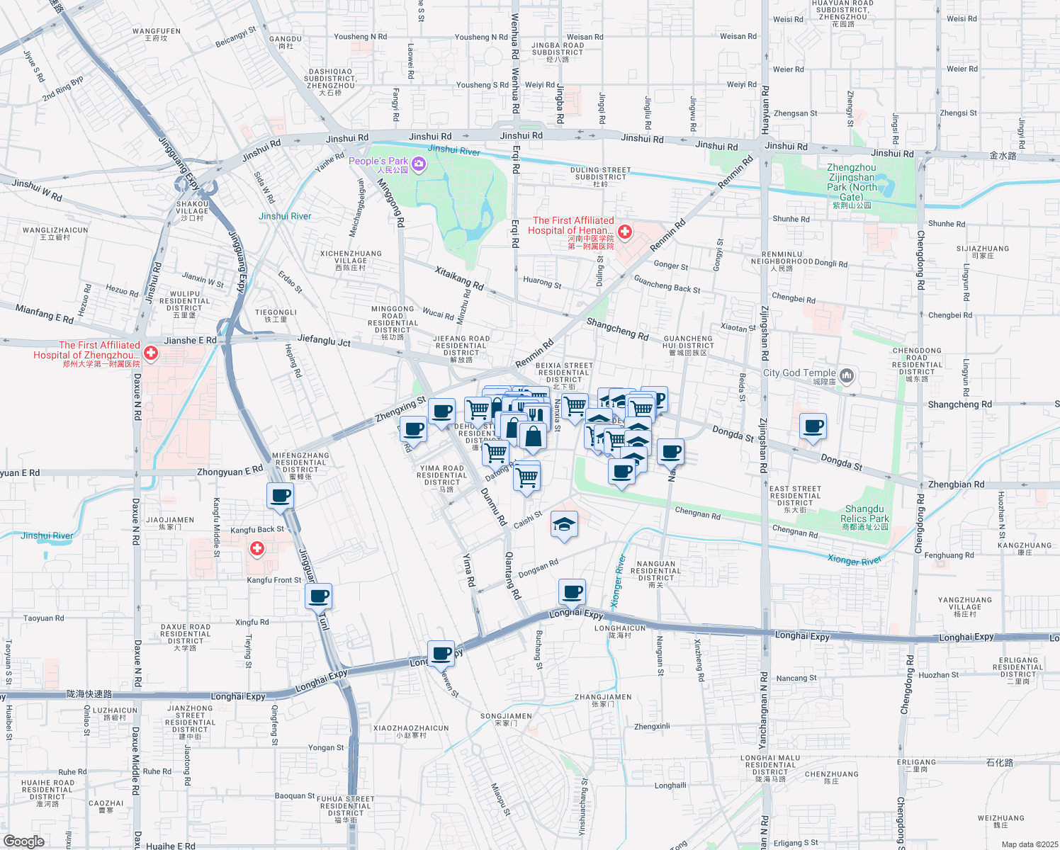 map of restaurants, bars, coffee shops, grocery stores, and more near in Zhengzhou