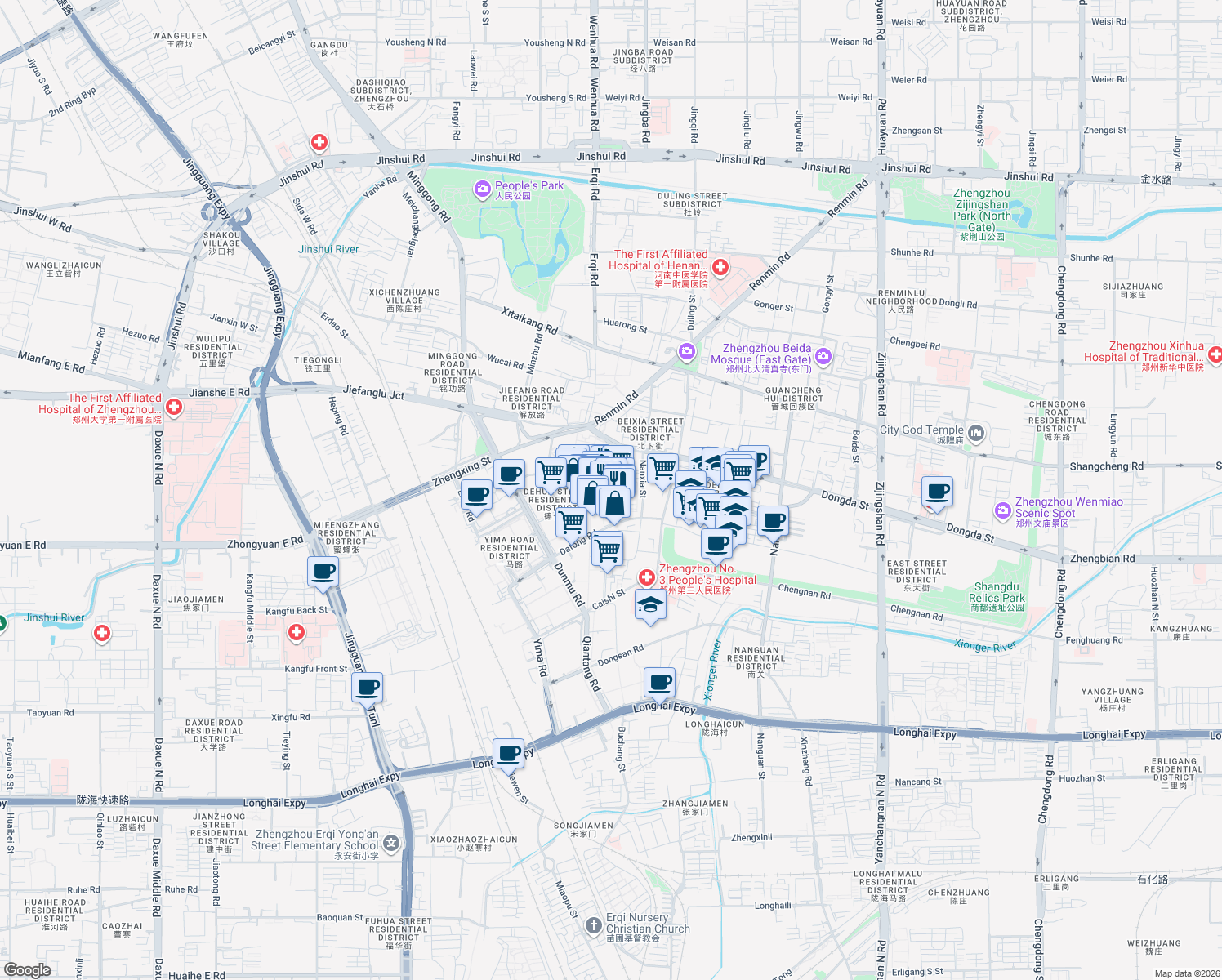 map of restaurants, bars, coffee shops, grocery stores, and more near in Zhengzhou