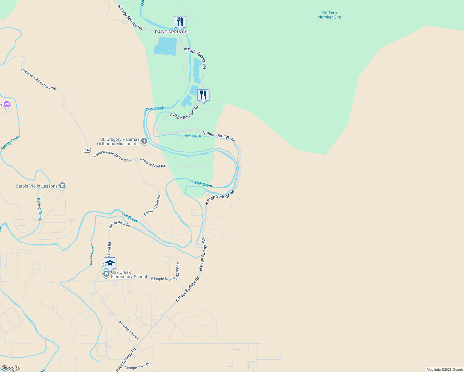 map of restaurants, bars, coffee shops, grocery stores, and more near 1070 North Page Springs Road in Cornville
