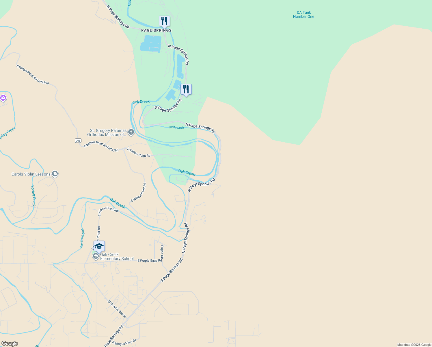 map of restaurants, bars, coffee shops, grocery stores, and more near 1070 North Page Springs Road in Cornville