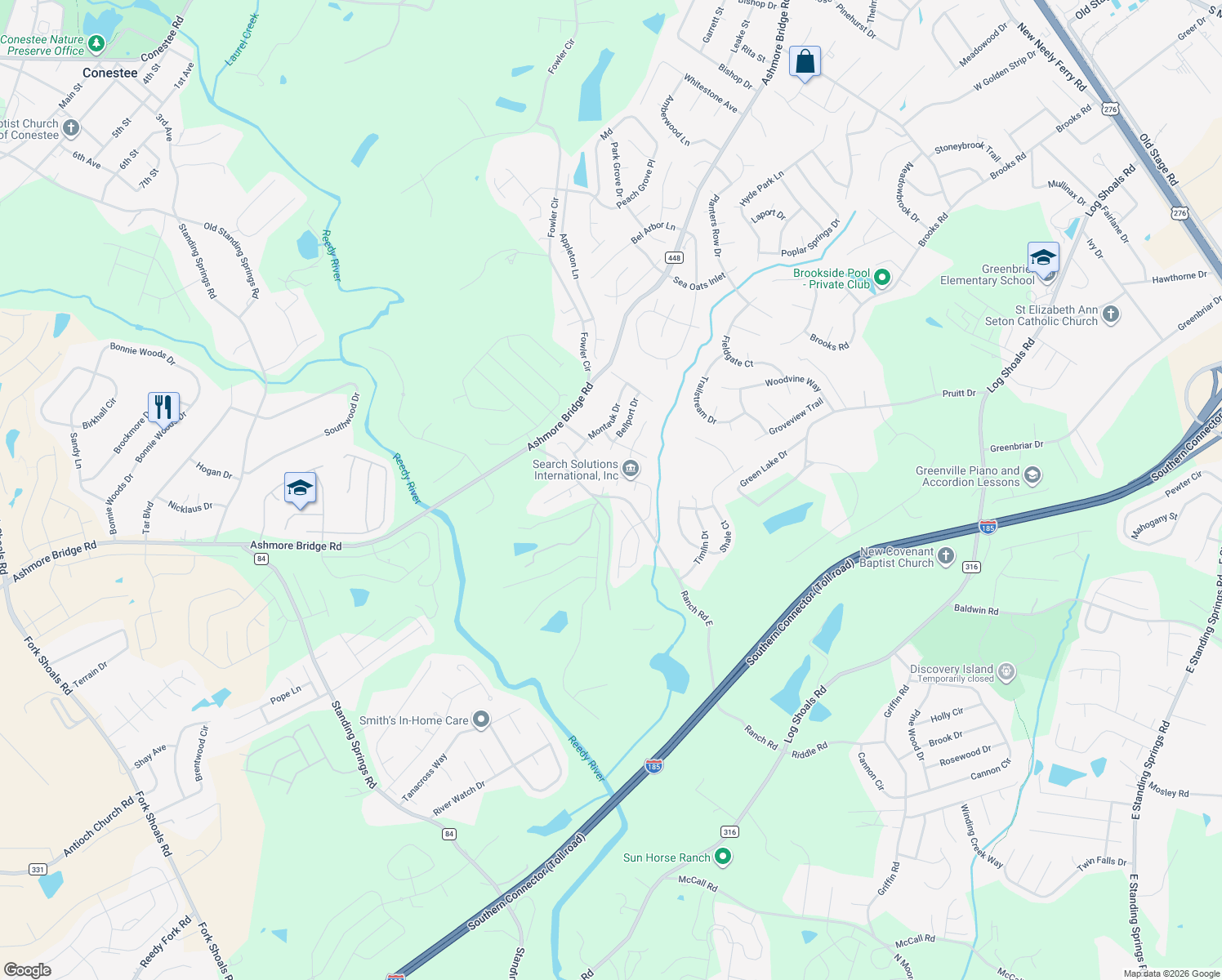 map of restaurants, bars, coffee shops, grocery stores, and more near 406 Tonsley Trail in Greenville
