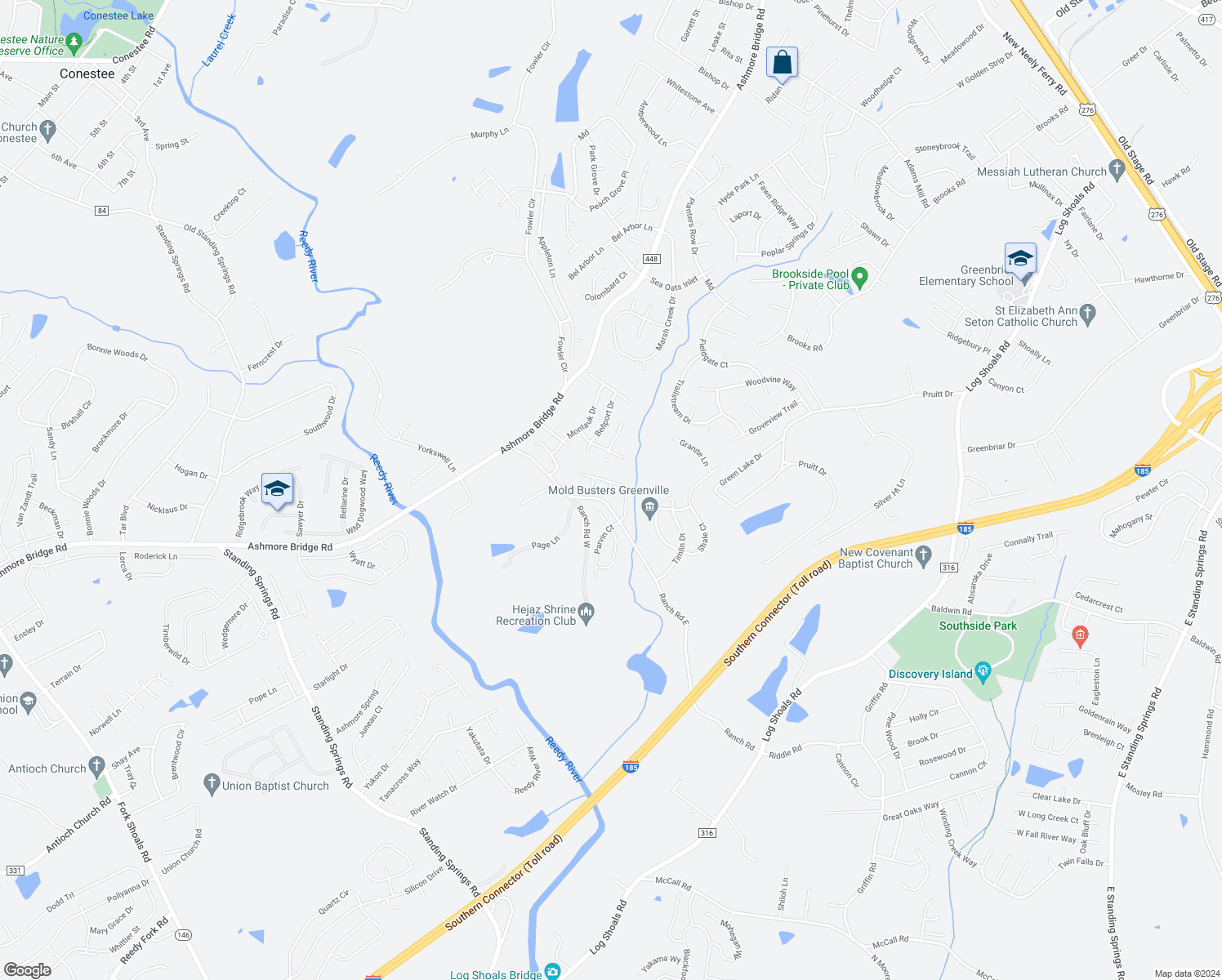 map of restaurants, bars, coffee shops, grocery stores, and more near 406 Tonsley Trail in Greenville