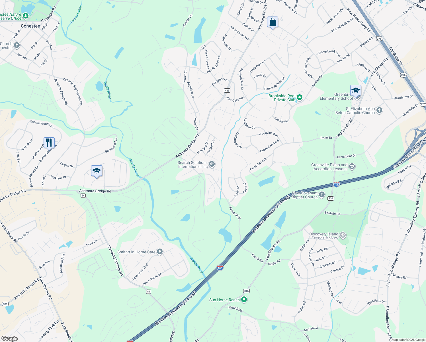 map of restaurants, bars, coffee shops, grocery stores, and more near 406 Tonsley Trail in Greenville