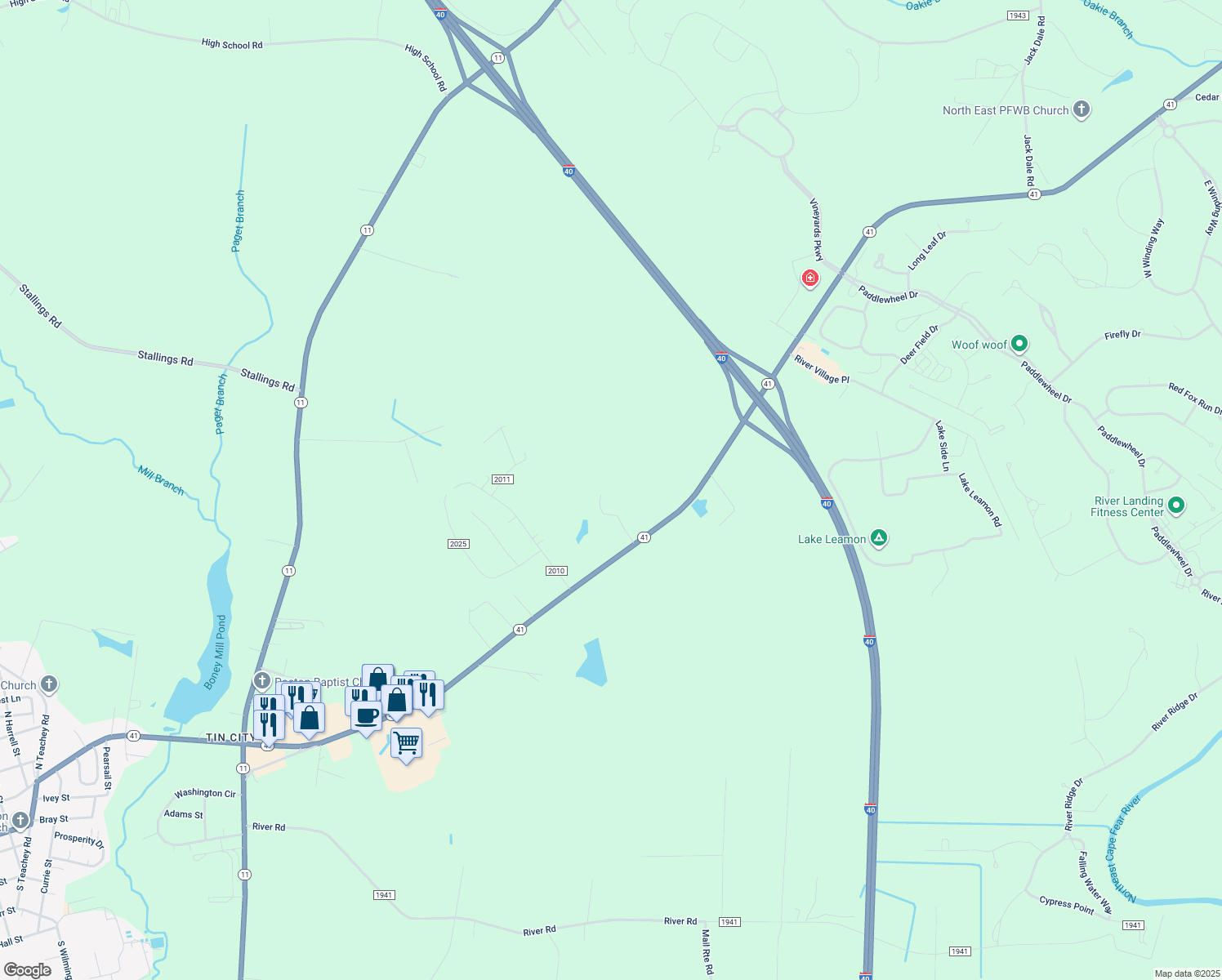 map of restaurants, bars, coffee shops, grocery stores, and more near 150 Mill Branch Ln in Wallace