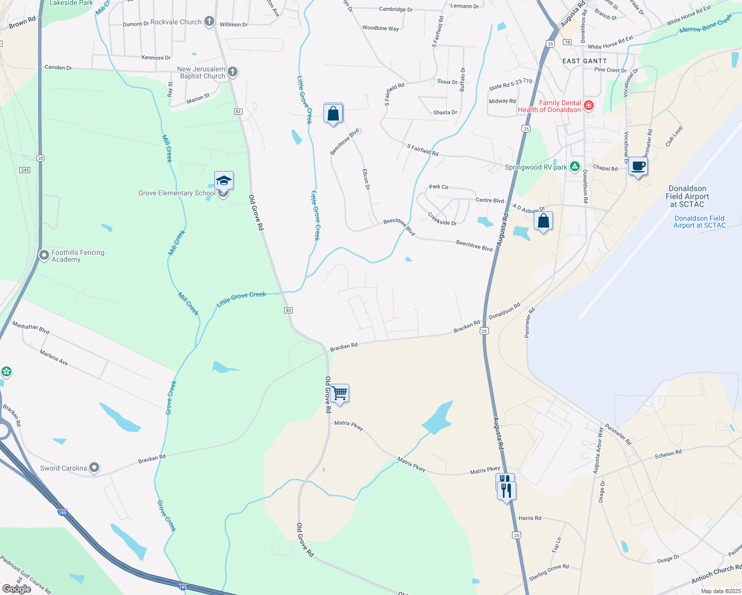 map of restaurants, bars, coffee shops, grocery stores, and more near 92 Satchel Ford Place in Piedmont