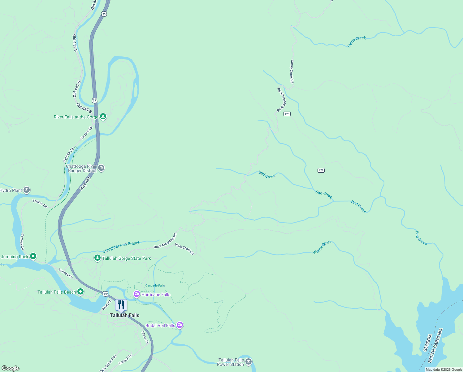 map of restaurants, bars, coffee shops, grocery stores, and more near Rock Mountain Road in Rabun County