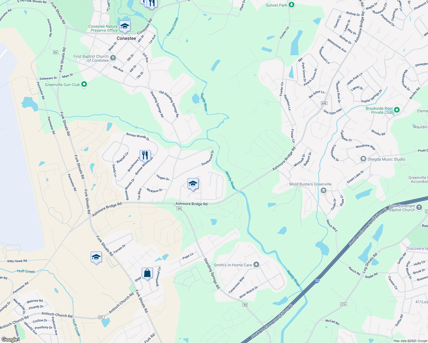 map of restaurants, bars, coffee shops, grocery stores, and more near 206 Wild Dogwood Way in Greenville