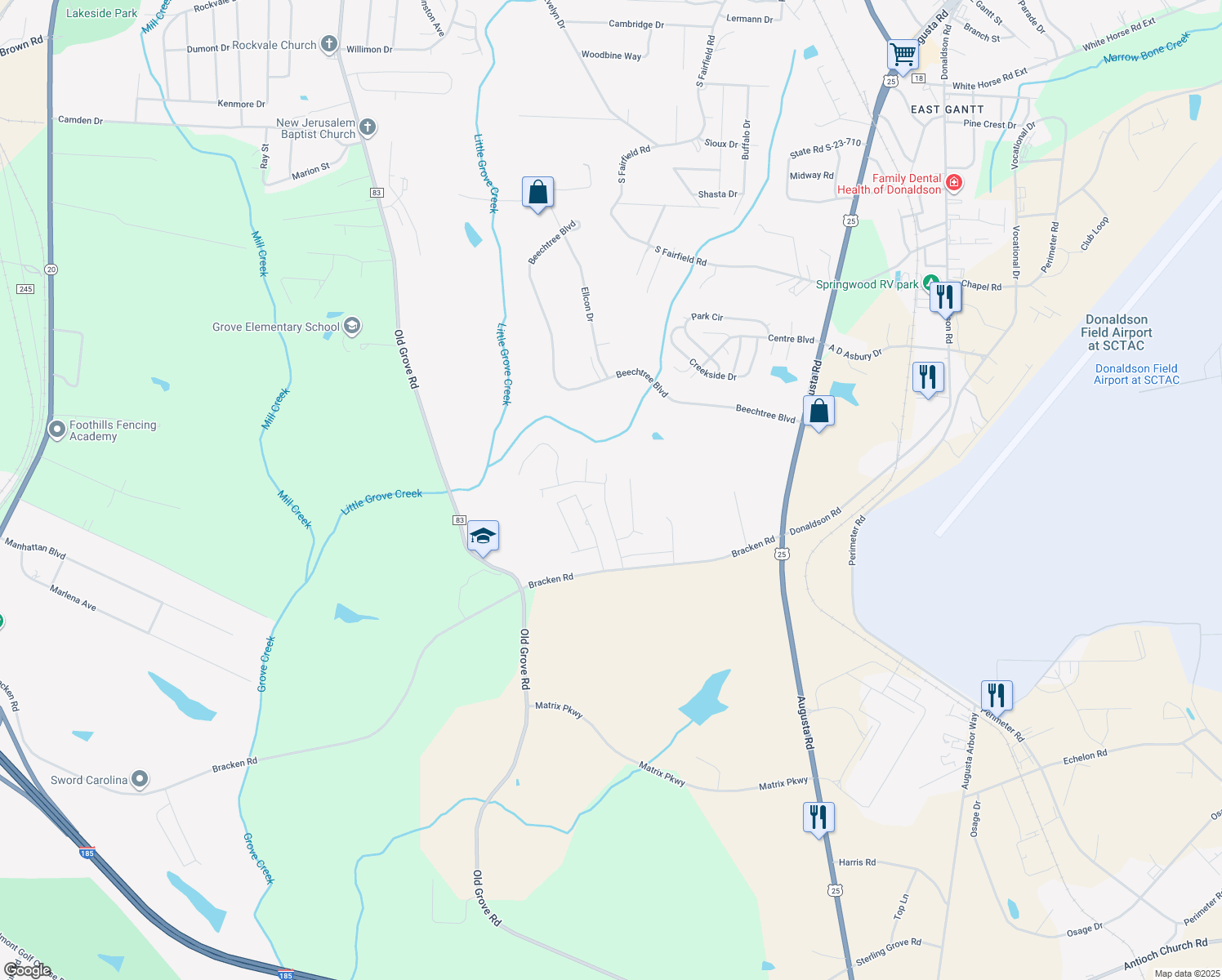 map of restaurants, bars, coffee shops, grocery stores, and more near 92 Satchel Ford Place in Piedmont