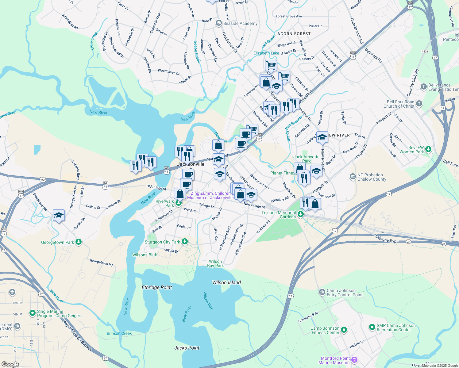map of restaurants, bars, coffee shops, grocery stores, and more near 402 Warlick Street in Jacksonville