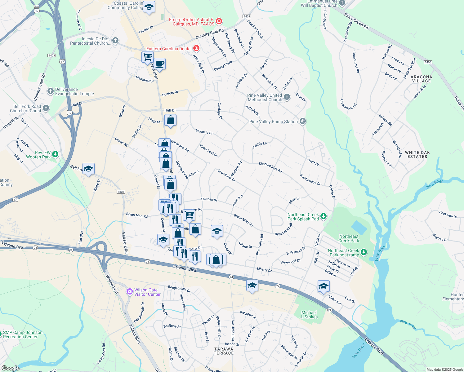 map of restaurants, bars, coffee shops, grocery stores, and more near 123 Linda Loop in Jacksonville