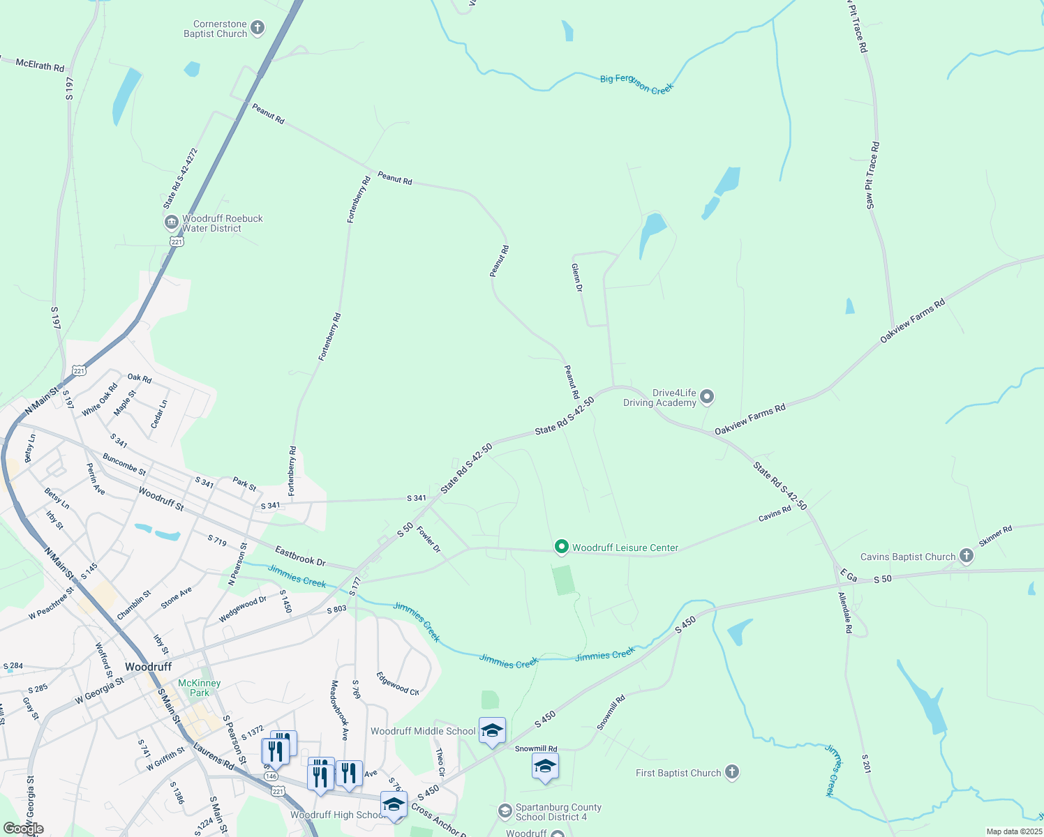 map of restaurants, bars, coffee shops, grocery stores, and more near 1235 East Georgia Road in Woodruff