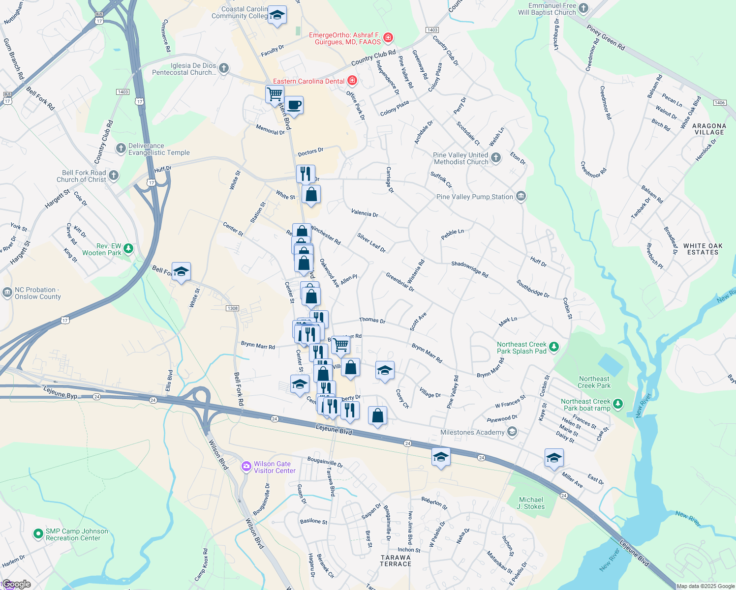 map of restaurants, bars, coffee shops, grocery stores, and more near 201 Greenbriar Drive in Jacksonville