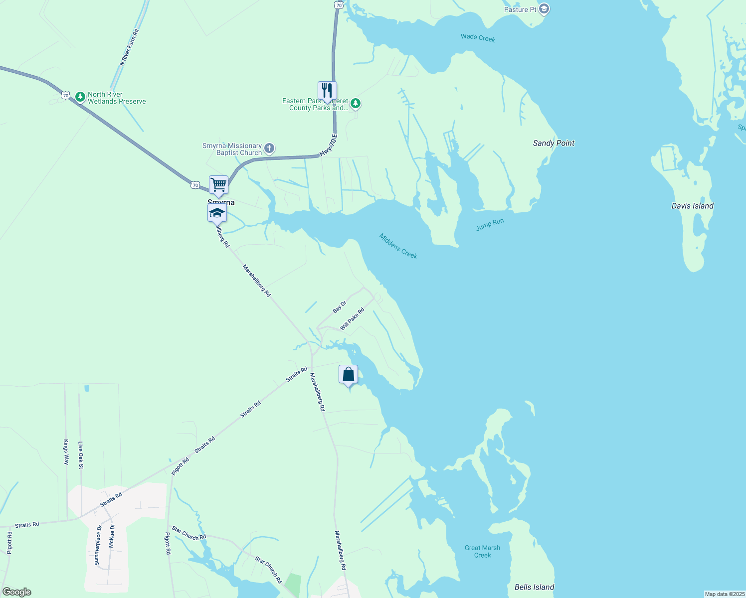 map of restaurants, bars, coffee shops, grocery stores, and more near 105 Back Shore Ln in Smyrna