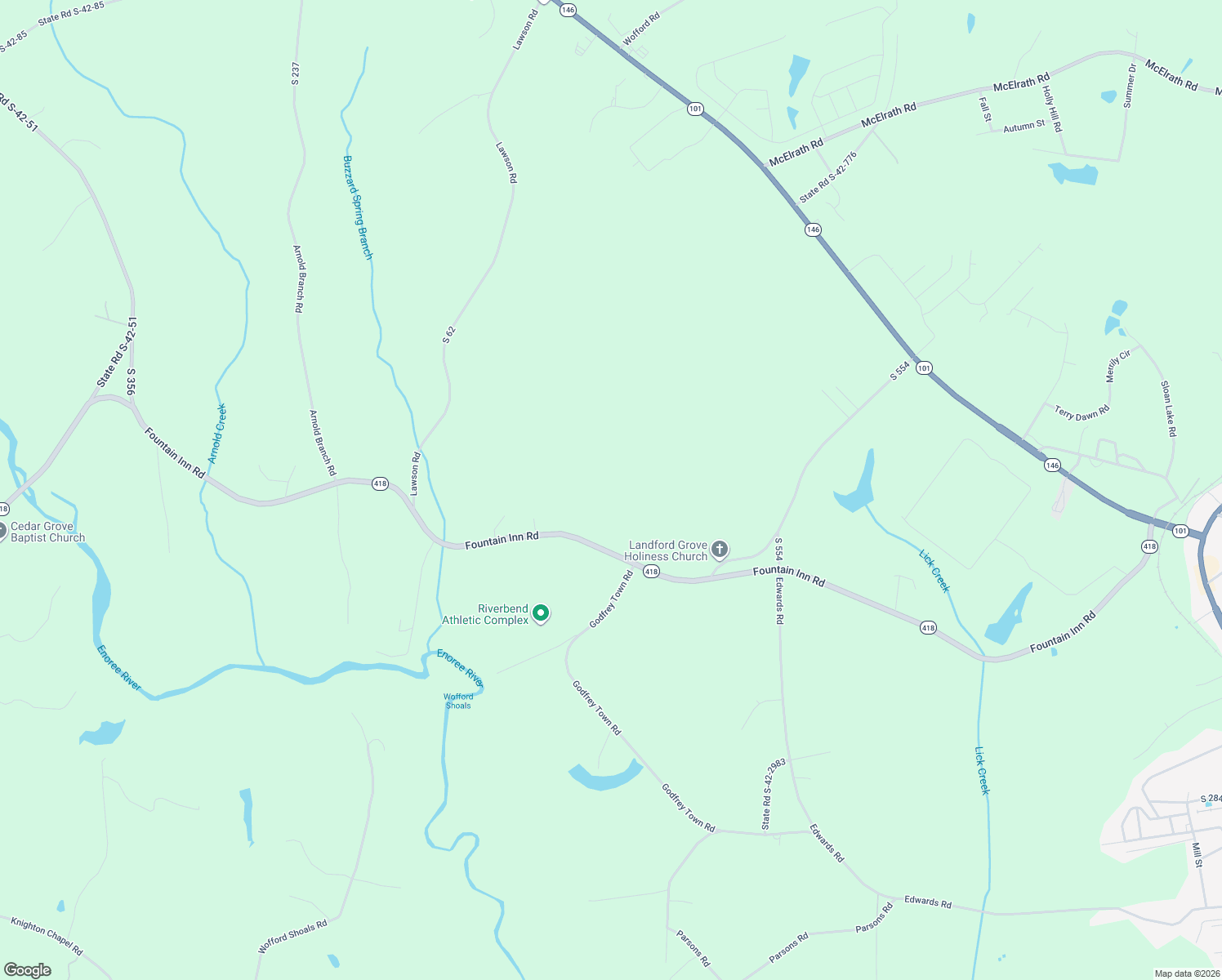 map of restaurants, bars, coffee shops, grocery stores, and more near 190 Farmwell Drive in Woodruff