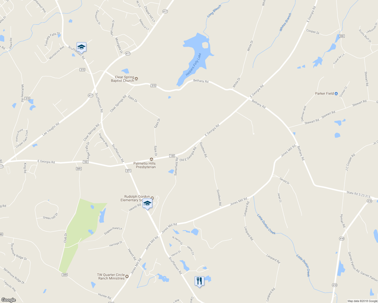 map of restaurants, bars, coffee shops, grocery stores, and more near 2308 East Georgia Road in Simpsonville