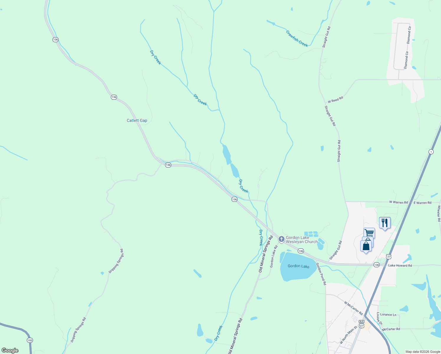 map of restaurants, bars, coffee shops, grocery stores, and more near 64 Twin Lakes Road in LaFayette