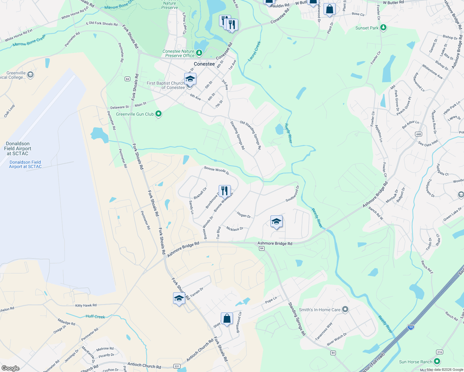 map of restaurants, bars, coffee shops, grocery stores, and more near 217 Bonnie Woods Drive in Greenville