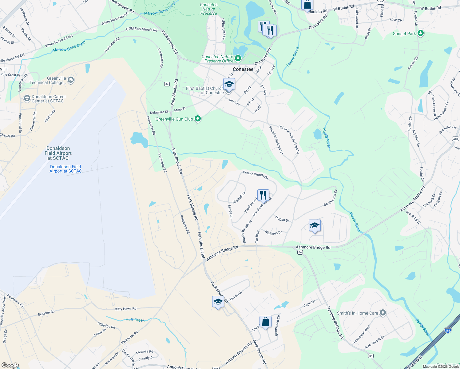 map of restaurants, bars, coffee shops, grocery stores, and more near 127 Birkhall Circle in Greenville