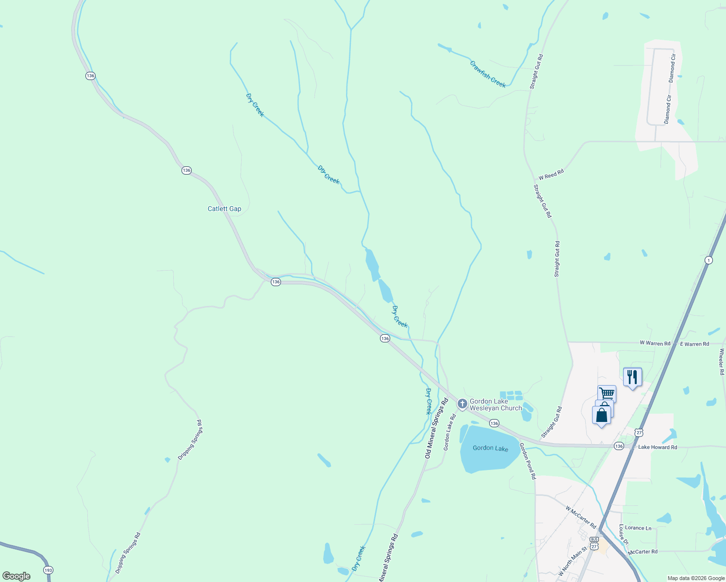 map of restaurants, bars, coffee shops, grocery stores, and more near 64 Twin Lakes Road in LaFayette