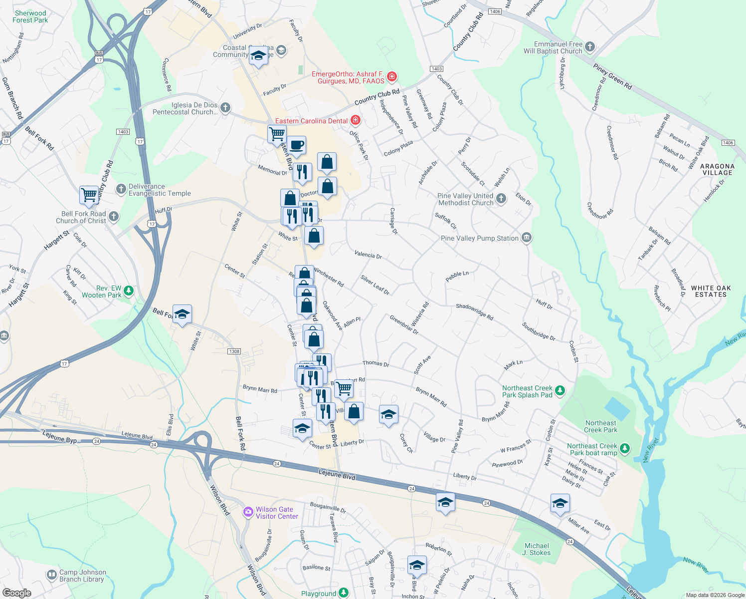 map of restaurants, bars, coffee shops, grocery stores, and more near 614 Winchester Road in Jacksonville