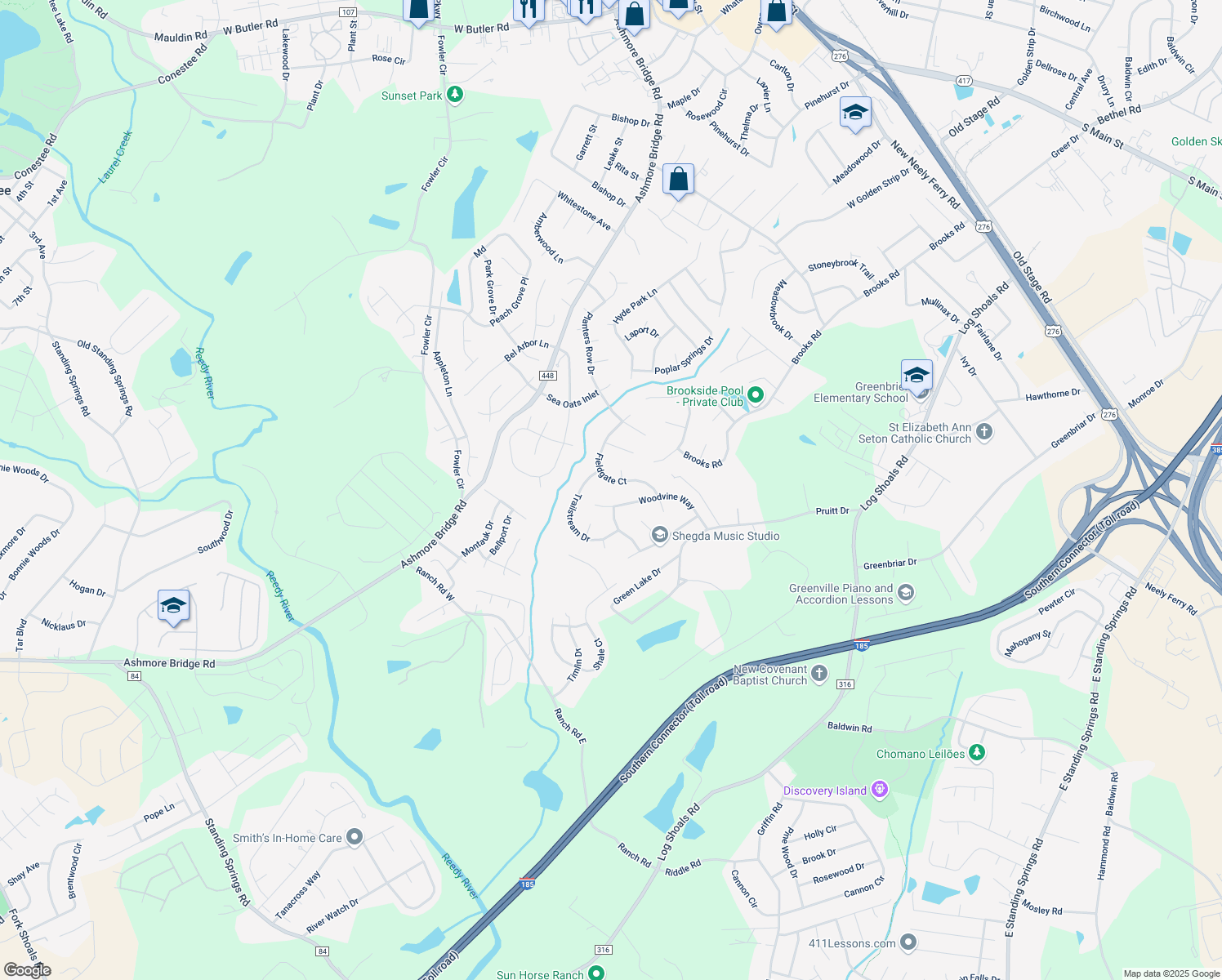 map of restaurants, bars, coffee shops, grocery stores, and more near 304 Woodvine Way in Mauldin