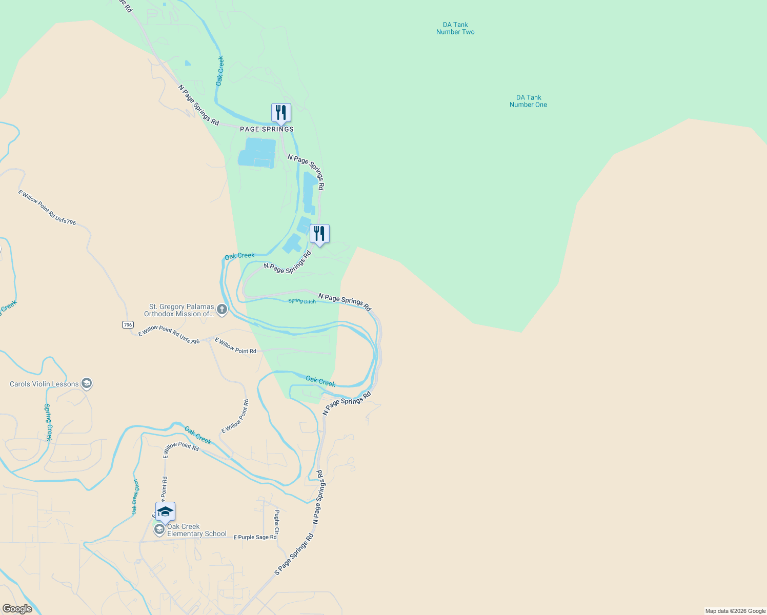 map of restaurants, bars, coffee shops, grocery stores, and more near 1345 North Page Springs Road in Cornville