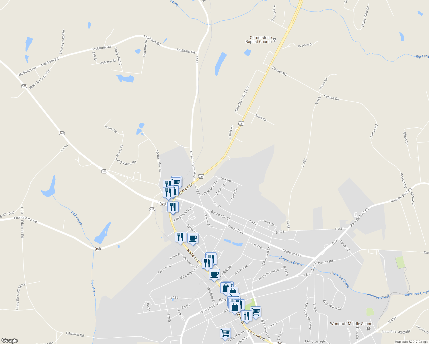 map of restaurants, bars, coffee shops, grocery stores, and more near 10181 U.S. 221 in Woodruff