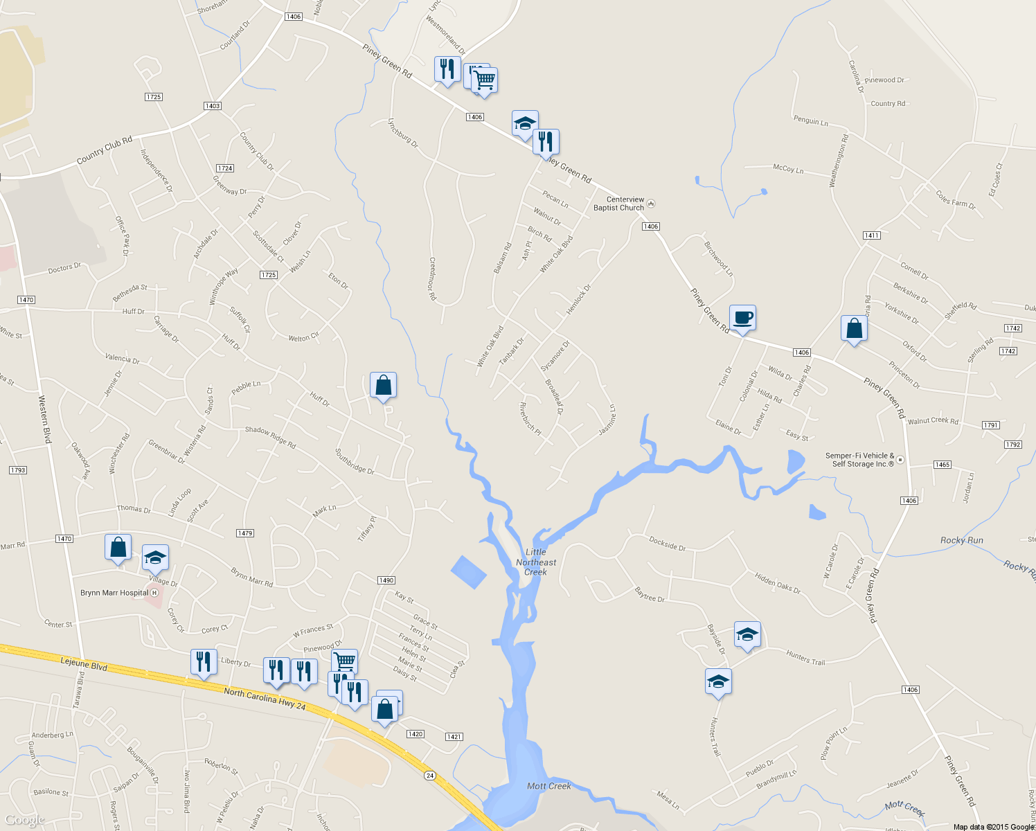 map of restaurants, bars, coffee shops, grocery stores, and more near 108 Riverbirch Place in Jacksonville