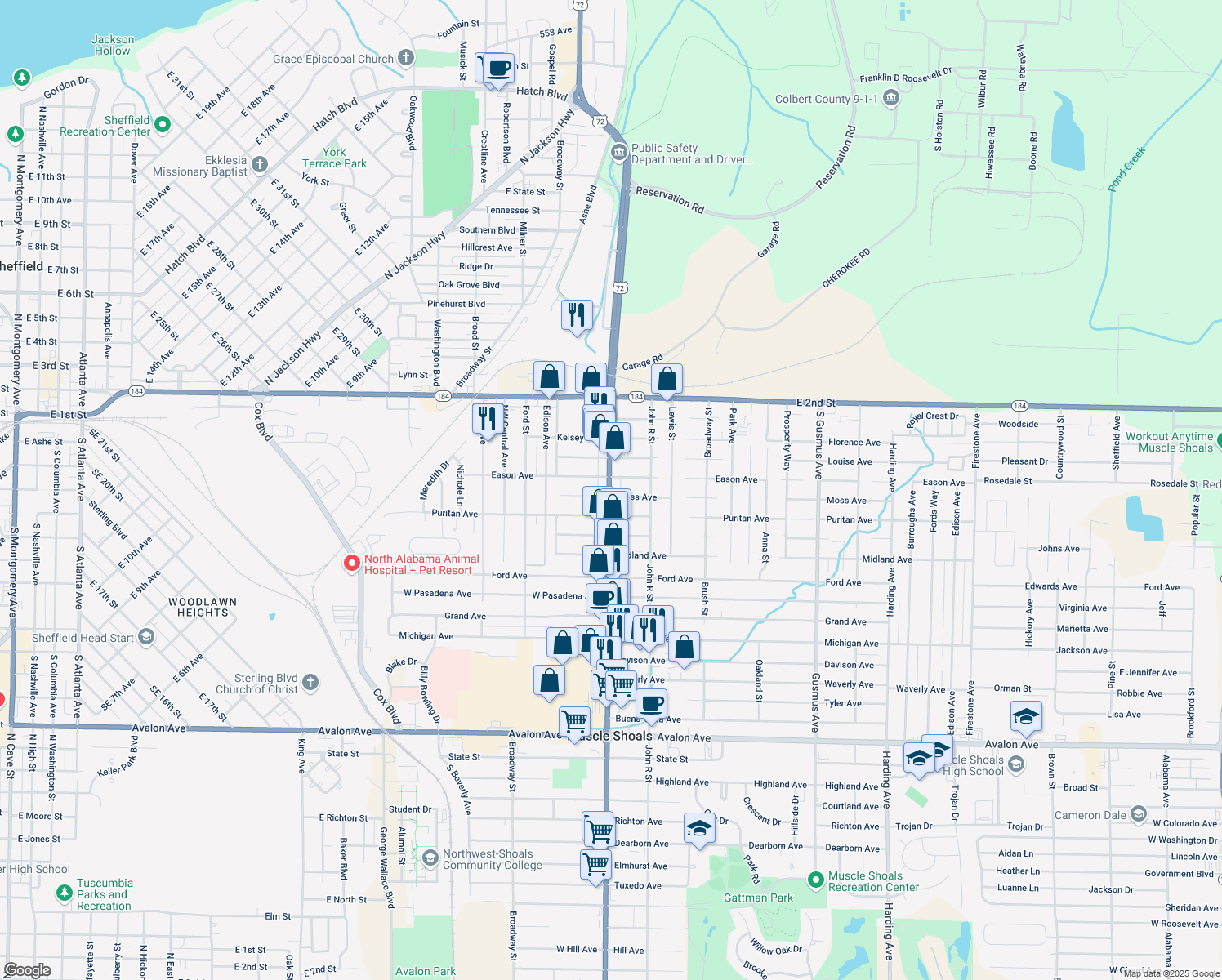 map of restaurants, bars, coffee shops, grocery stores, and more near 601 Woodward Avenue in Muscle Shoals