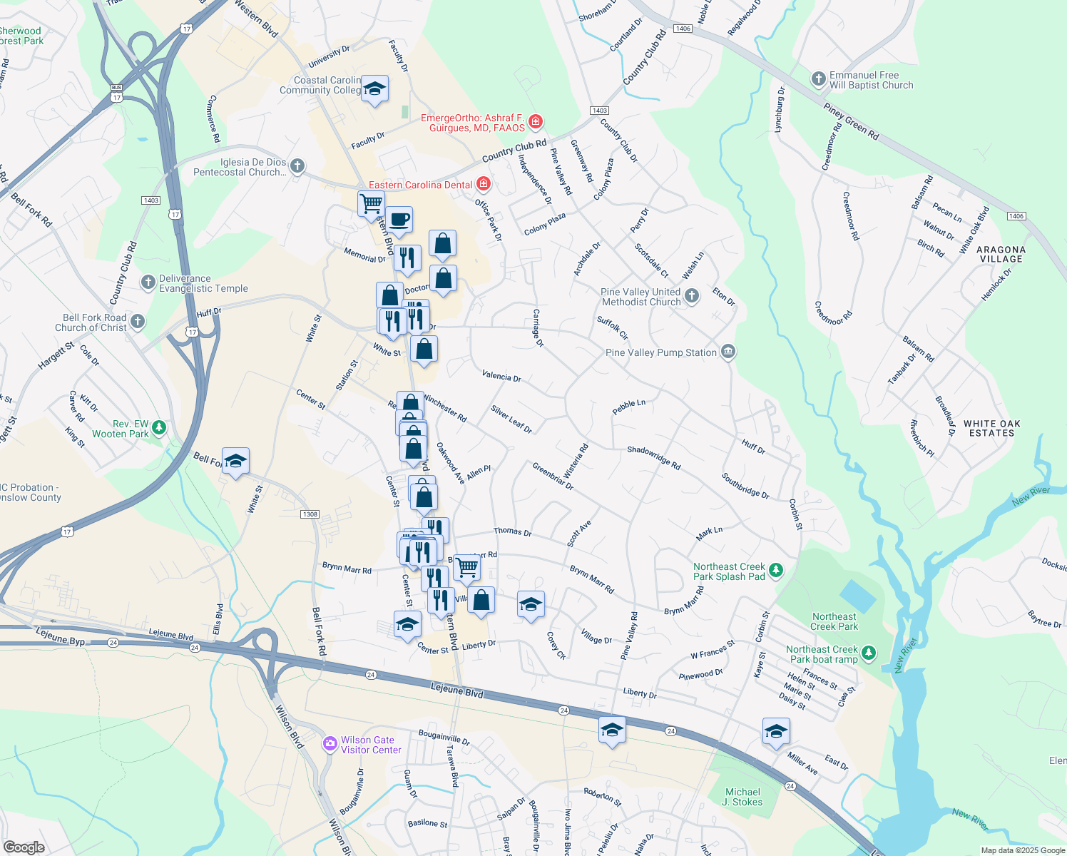 map of restaurants, bars, coffee shops, grocery stores, and more near 120 Silver Leaf Drive in Jacksonville