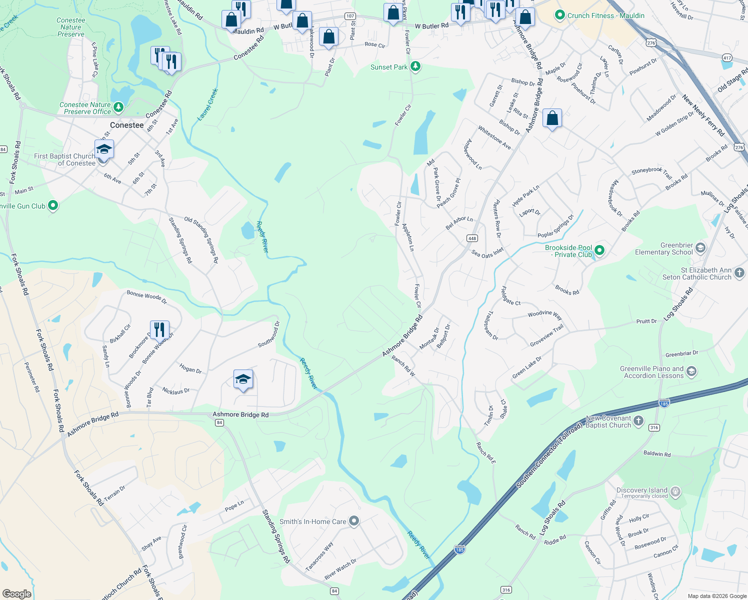 map of restaurants, bars, coffee shops, grocery stores, and more near 800 Fowler Circle in Greenville