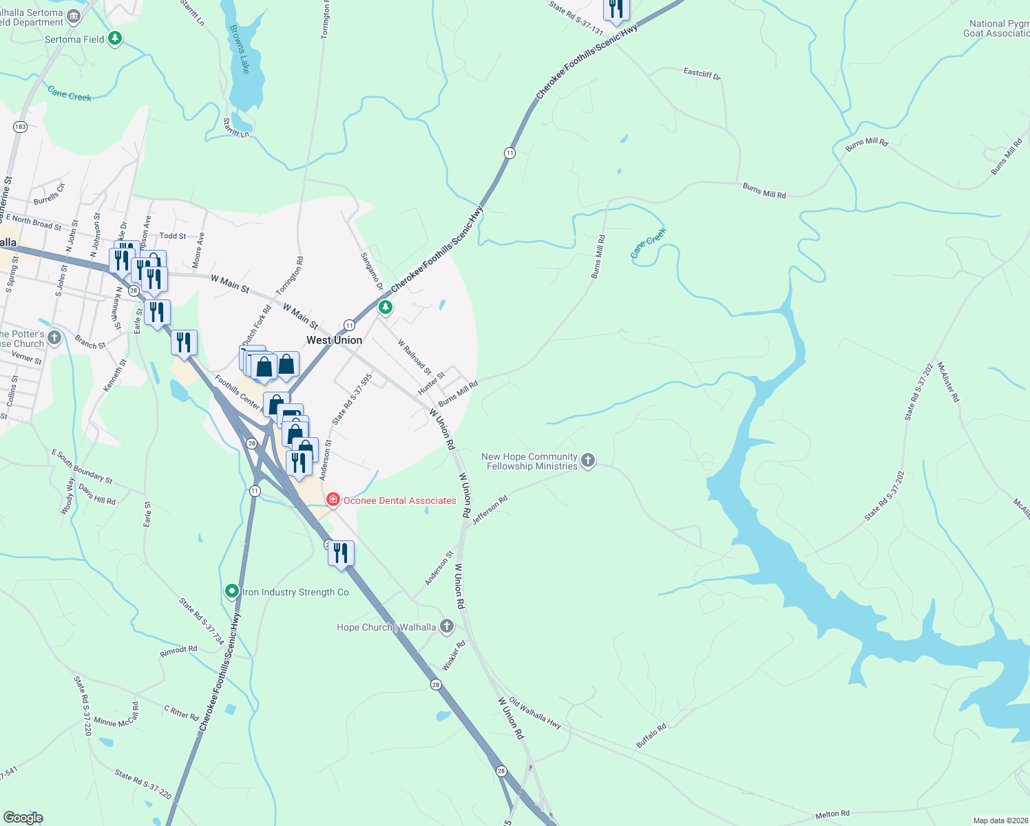 map of restaurants, bars, coffee shops, grocery stores, and more near 335 Dodd Hill Road in West Union
