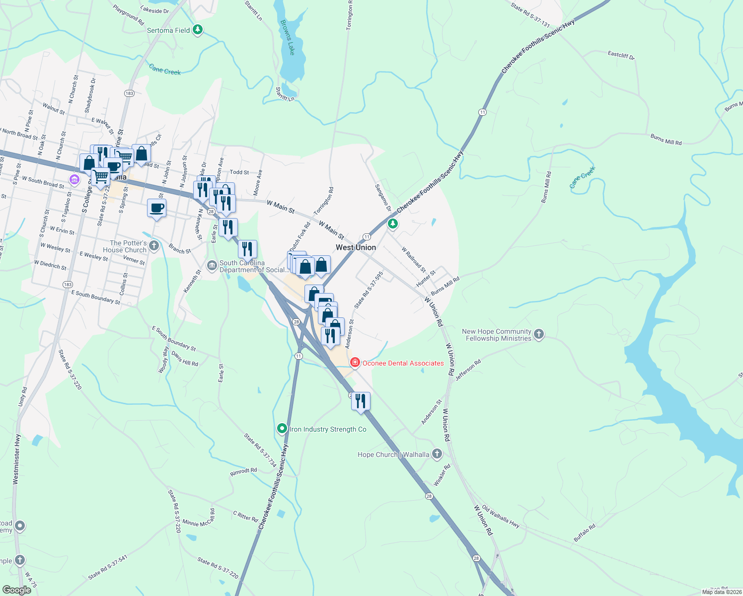 map of restaurants, bars, coffee shops, grocery stores, and more near 787 Anderson Street in West Union