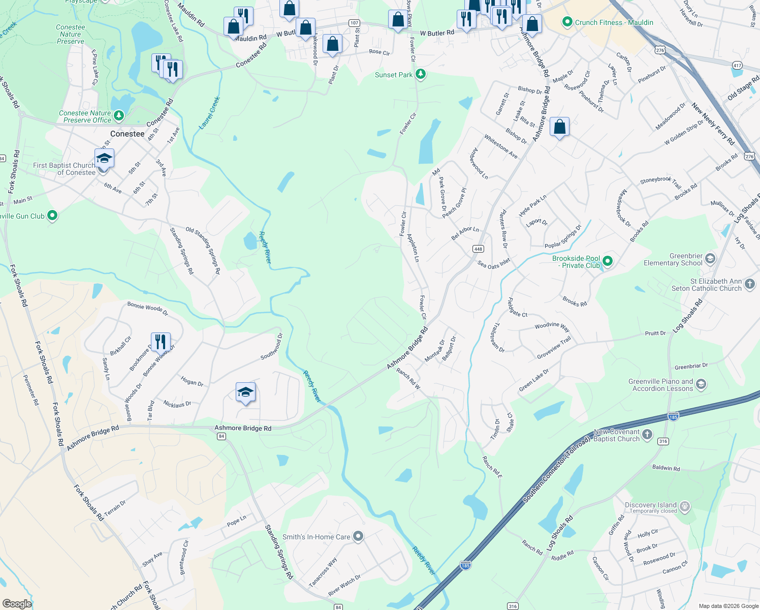 map of restaurants, bars, coffee shops, grocery stores, and more near 800 Fowler Circle in Greenville