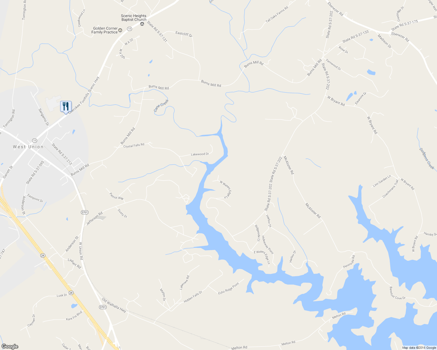 map of restaurants, bars, coffee shops, grocery stores, and more near 500 Waters Edge Court in West Union