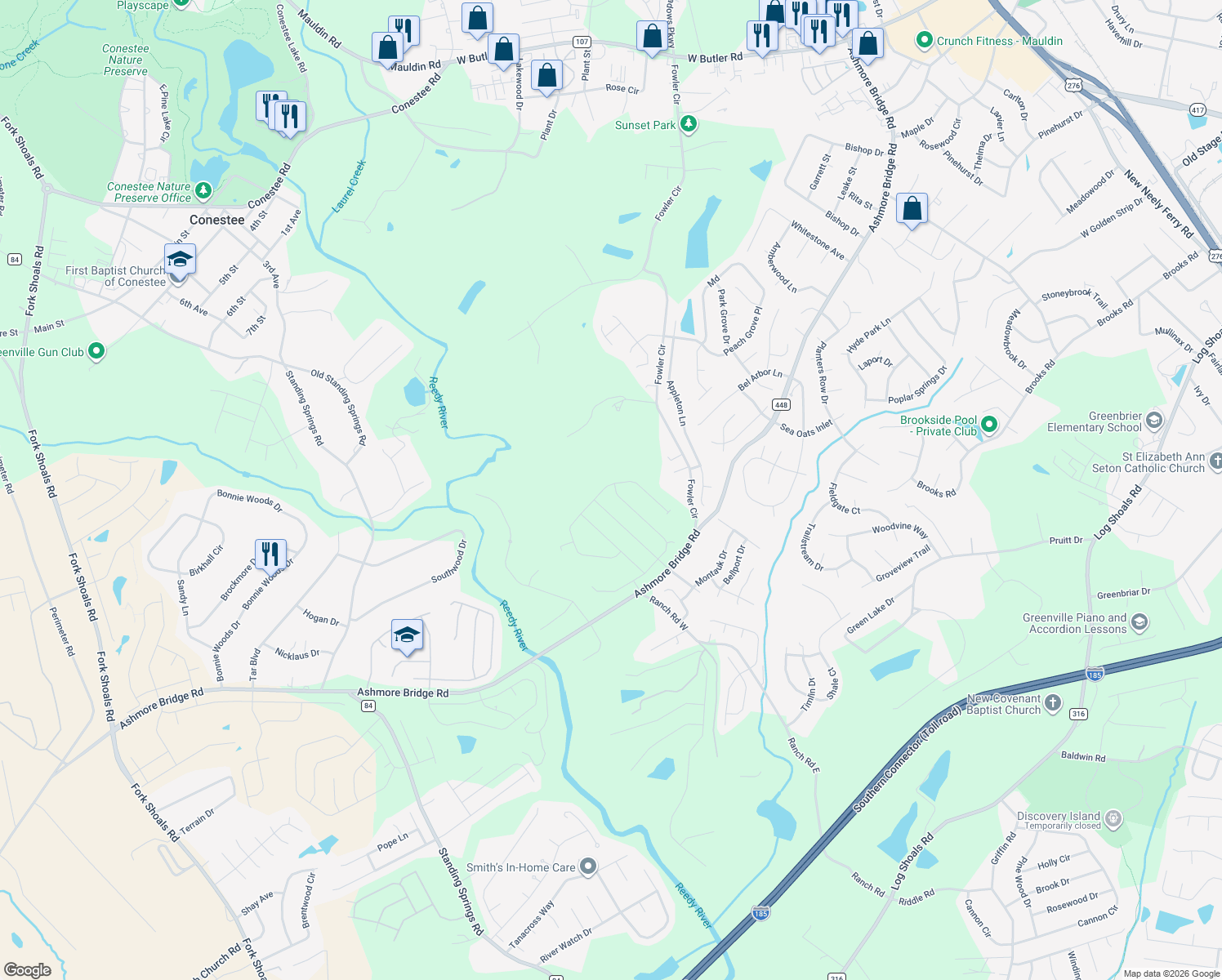 map of restaurants, bars, coffee shops, grocery stores, and more near 800 Fowler Circle in Greenville