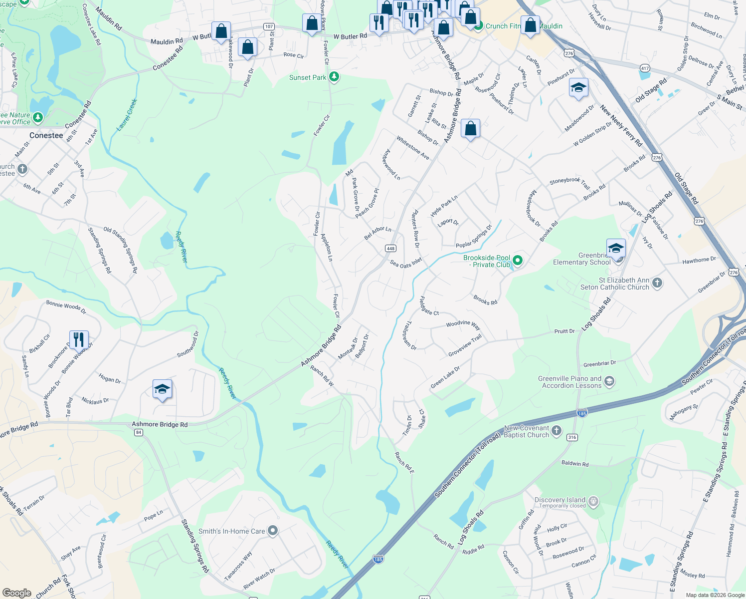 map of restaurants, bars, coffee shops, grocery stores, and more near 308 Marsh Creek Drive in Mauldin
