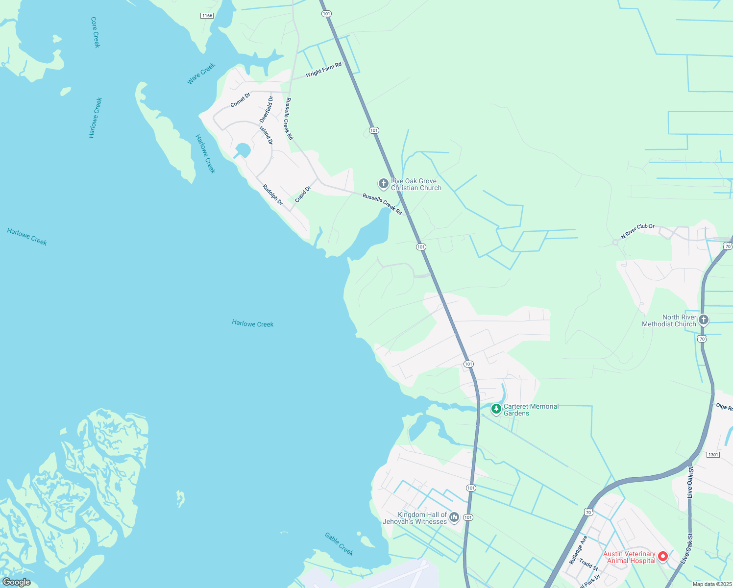 map of restaurants, bars, coffee shops, grocery stores, and more near 321 Winding Woods Way in Beaufort