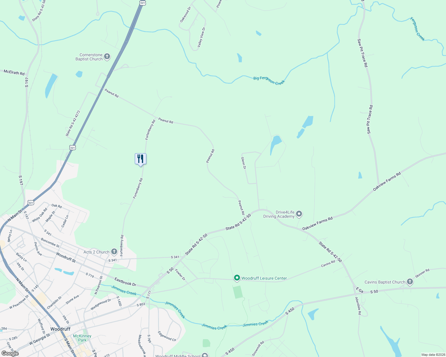 map of restaurants, bars, coffee shops, grocery stores, and more near 290 Peanut Road in Woodruff