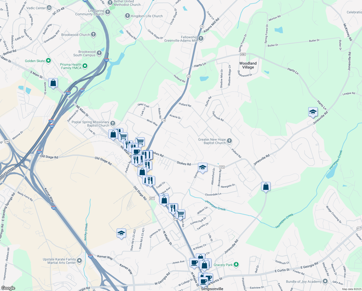 map of restaurants, bars, coffee shops, grocery stores, and more near 214 Kinard Way in Simpsonville