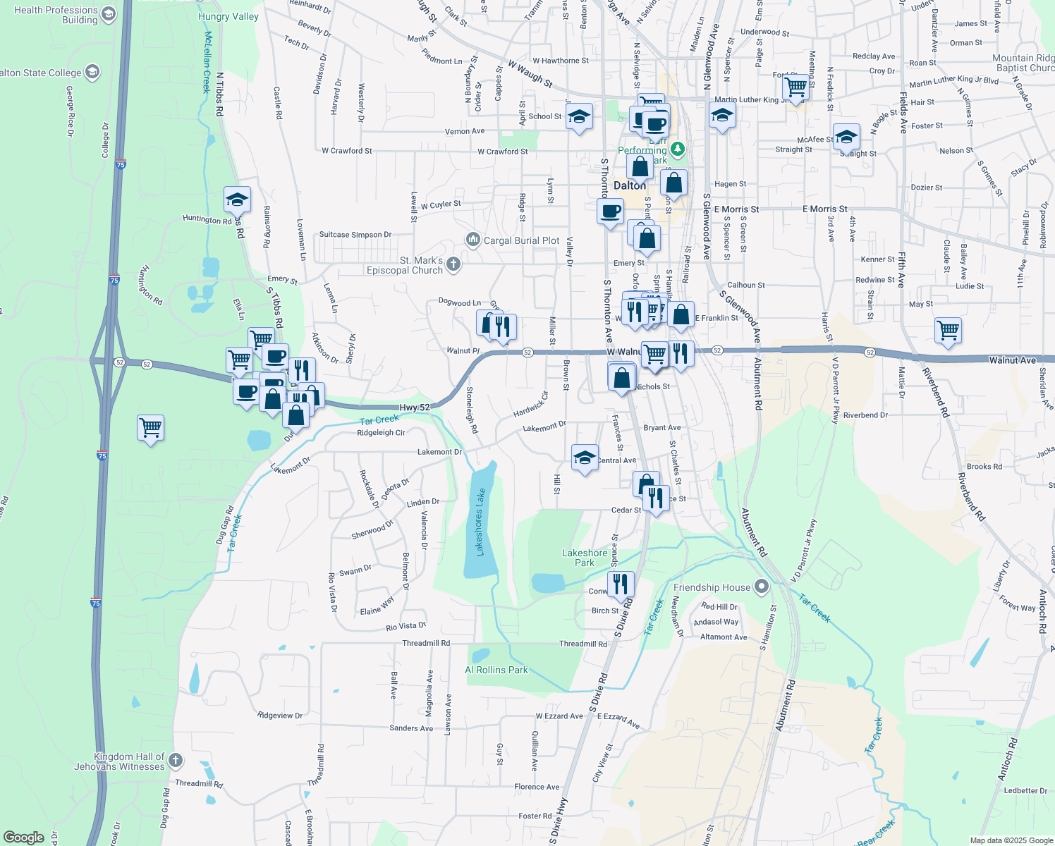 map of restaurants, bars, coffee shops, grocery stores, and more near 618 Lakemont Dr in Dalton