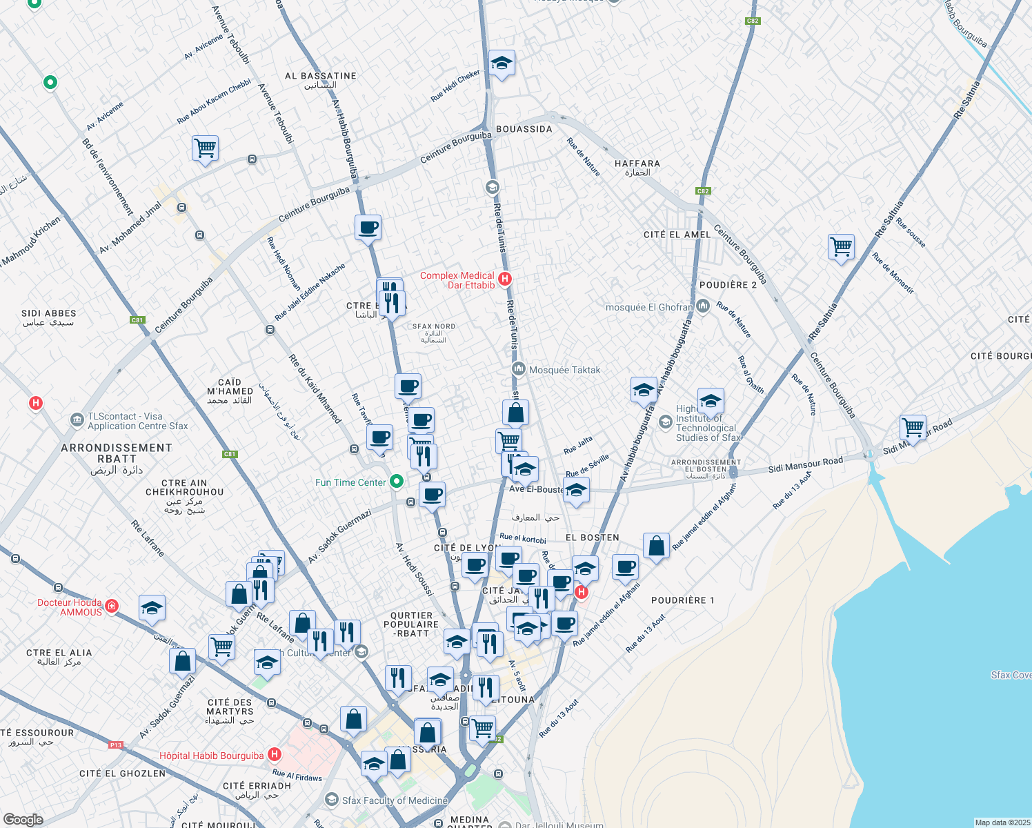 map of restaurants, bars, coffee shops, grocery stores, and more near Route de Tunis in Sfax