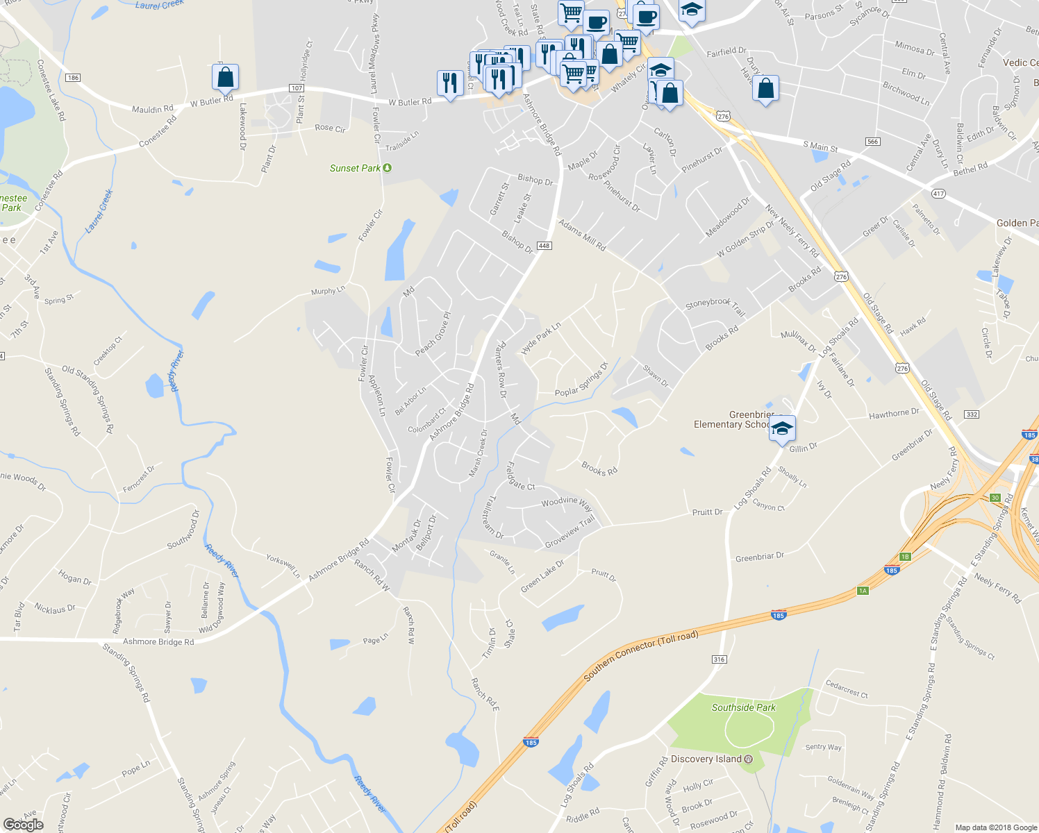 map of restaurants, bars, coffee shops, grocery stores, and more near 2 Seagrass Court in Mauldin