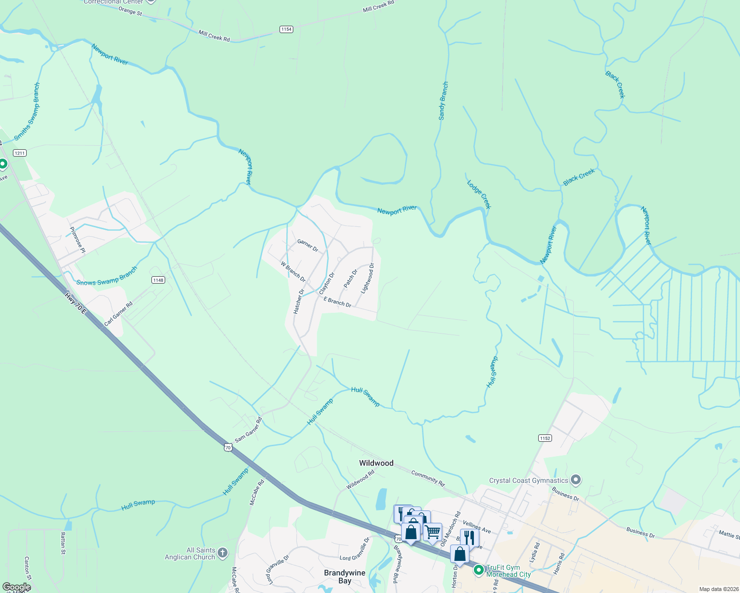 map of restaurants, bars, coffee shops, grocery stores, and more near 904 Lightwood Drive in Newport